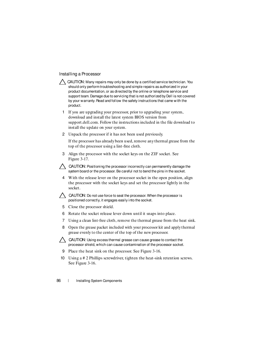 Dell R210 II owner manual Installing a Processor 