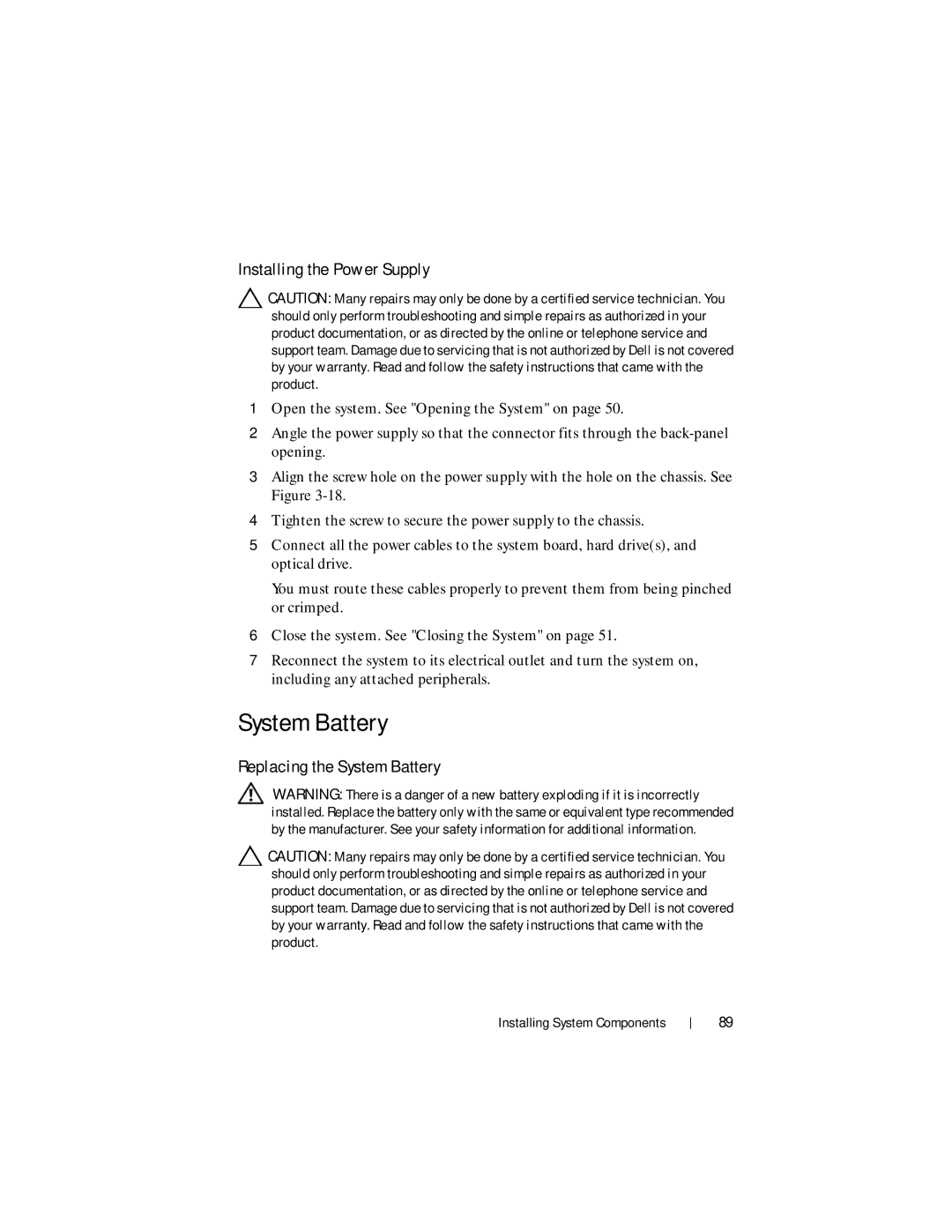 Dell R210 II owner manual Installing the Power Supply, Replacing the System Battery 