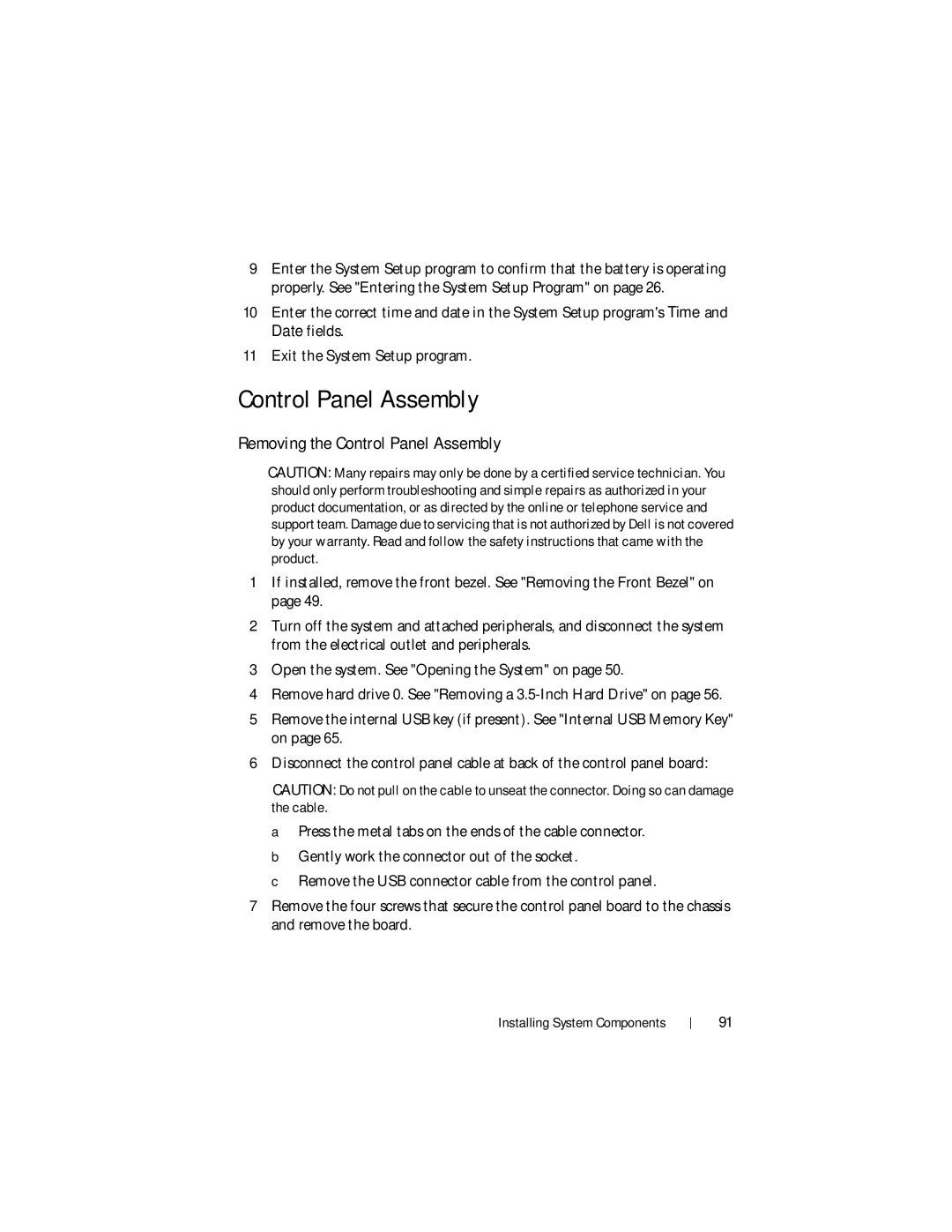 Dell R210 II owner manual Removing the Control Panel Assembly 