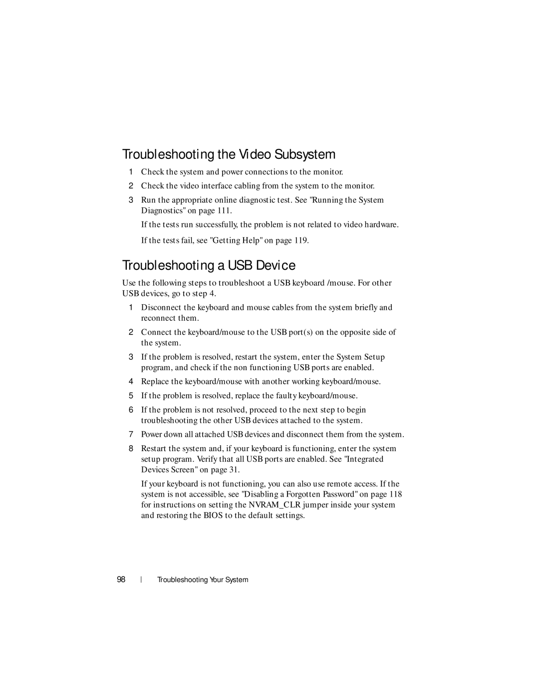 Dell R210 II owner manual Troubleshooting the Video Subsystem, Troubleshooting a USB Device 