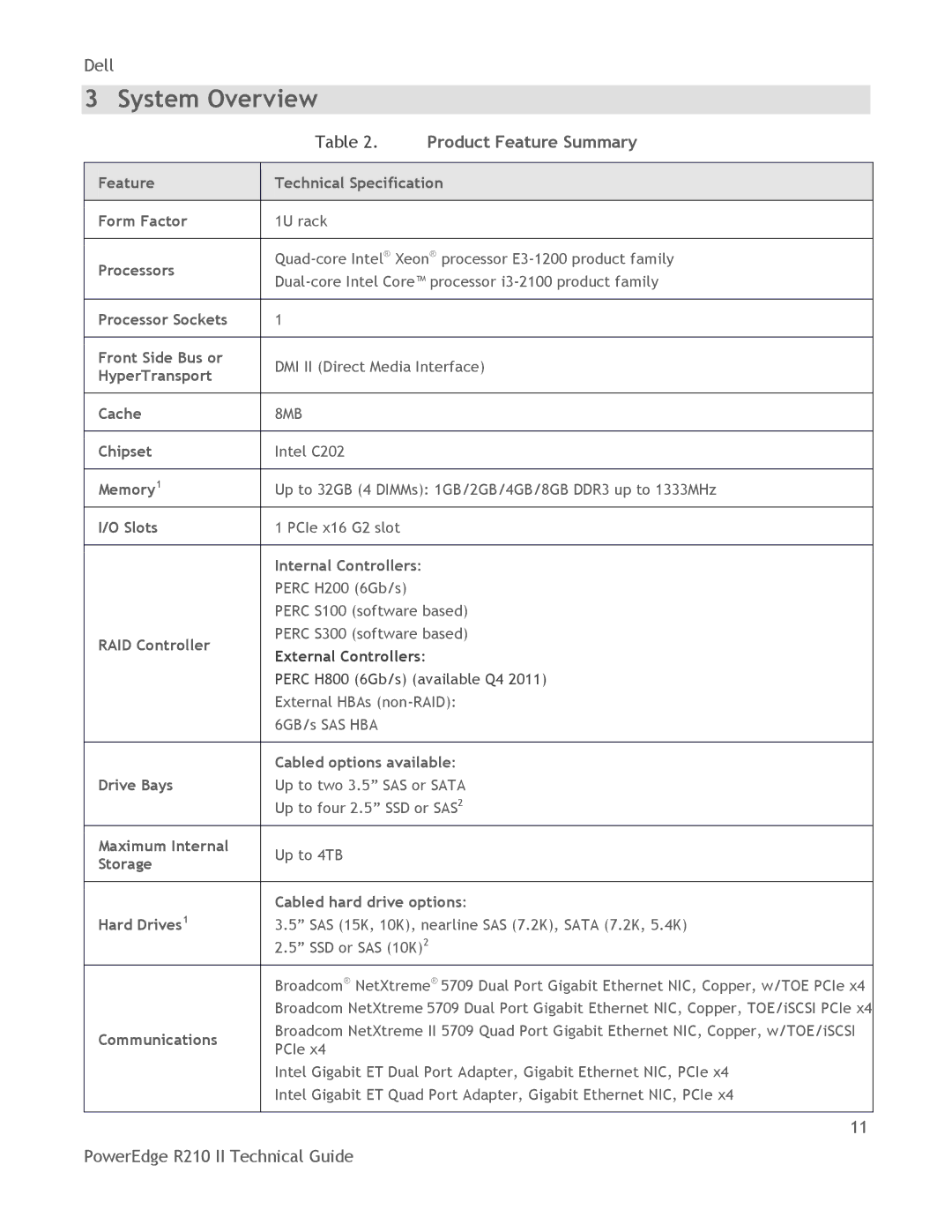 Dell R210 II manual System Overview, Product Feature Summary 