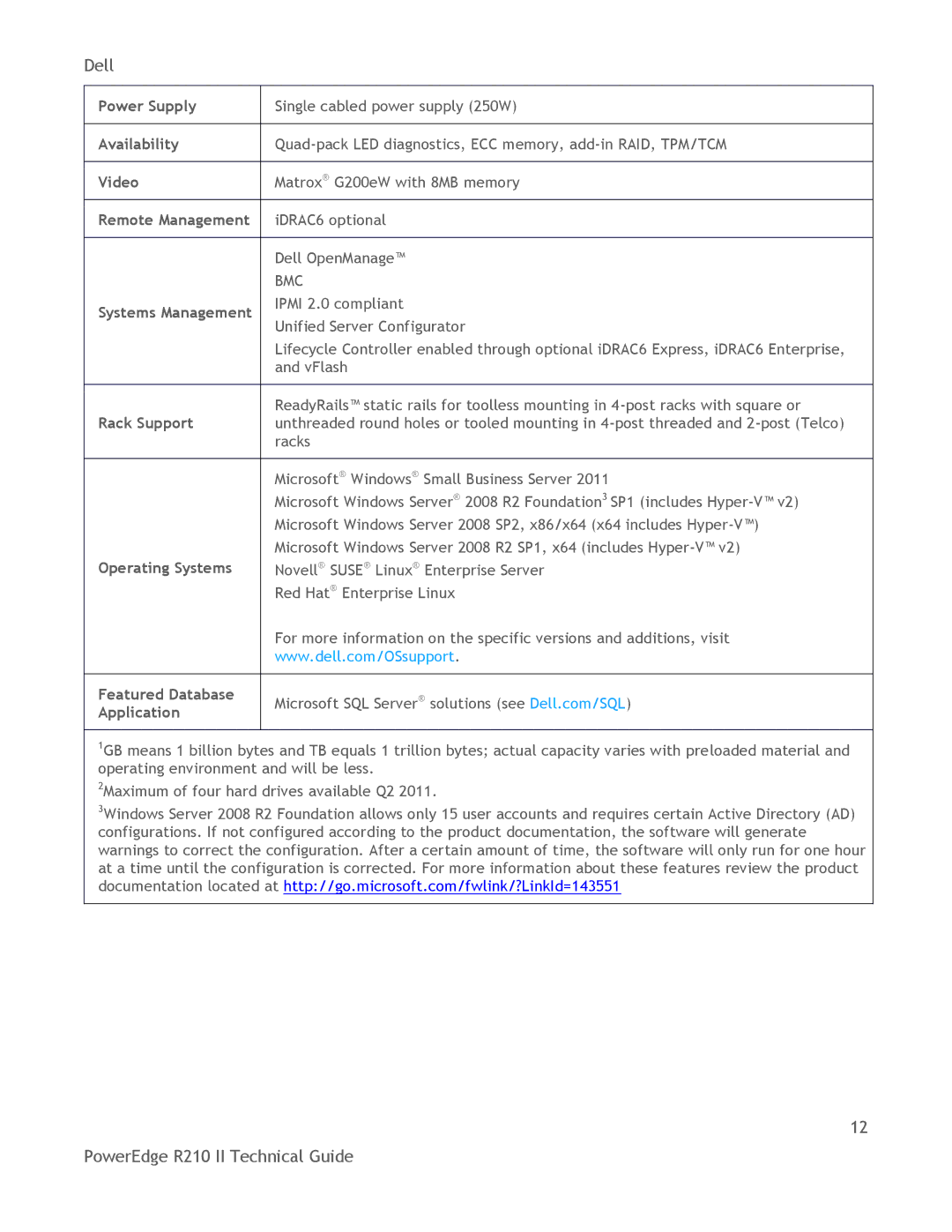 Dell R210 II Power Supply, Availability, Video, Remote Management, Systems Management, Rack Support, Operating Systems 