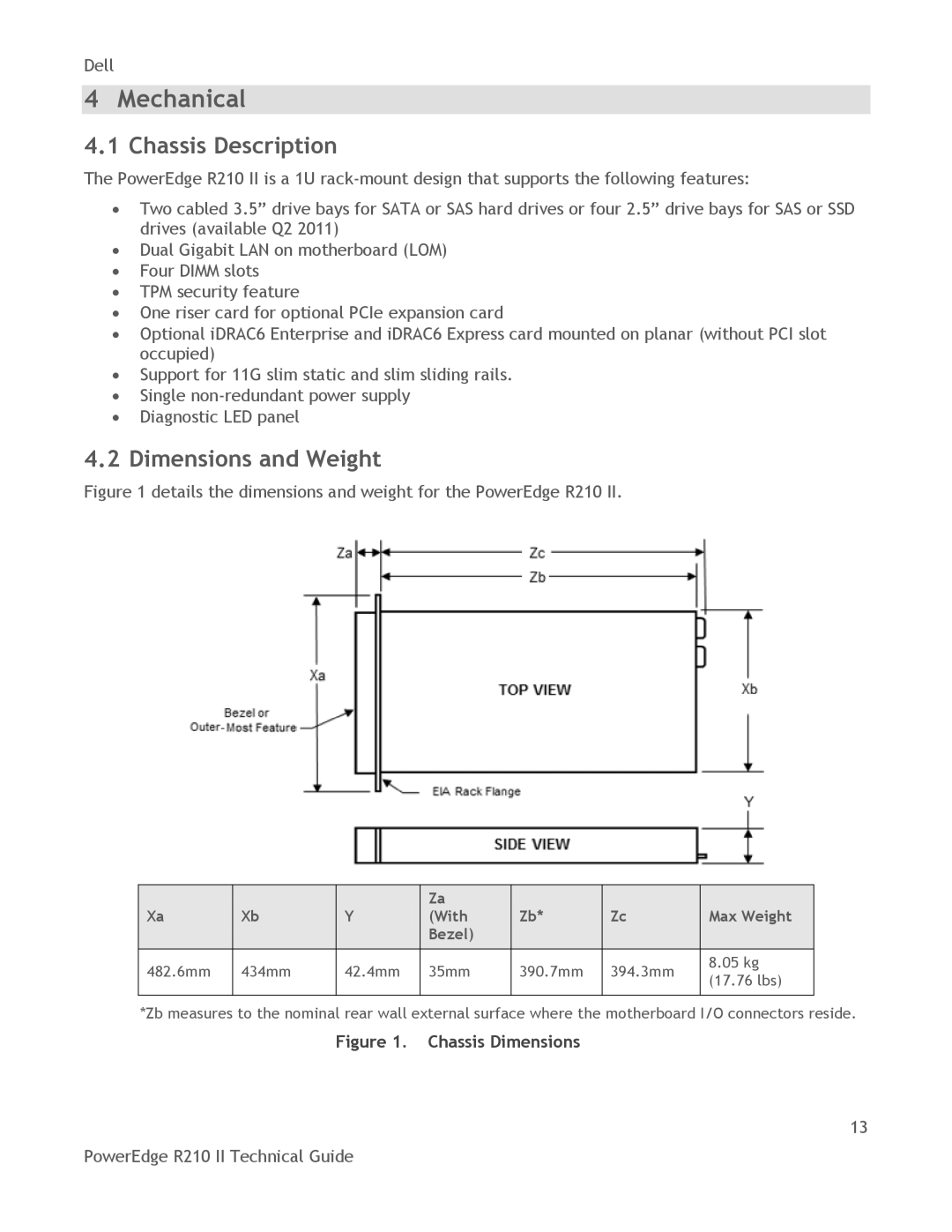 Dell R210 II manual Mechanical, Chassis Description, Dimensions and Weight 