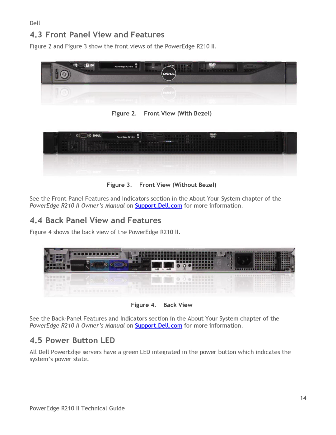 Dell R210 II manual Front Panel View and Features, Back Panel View and Features, Power Button LED 