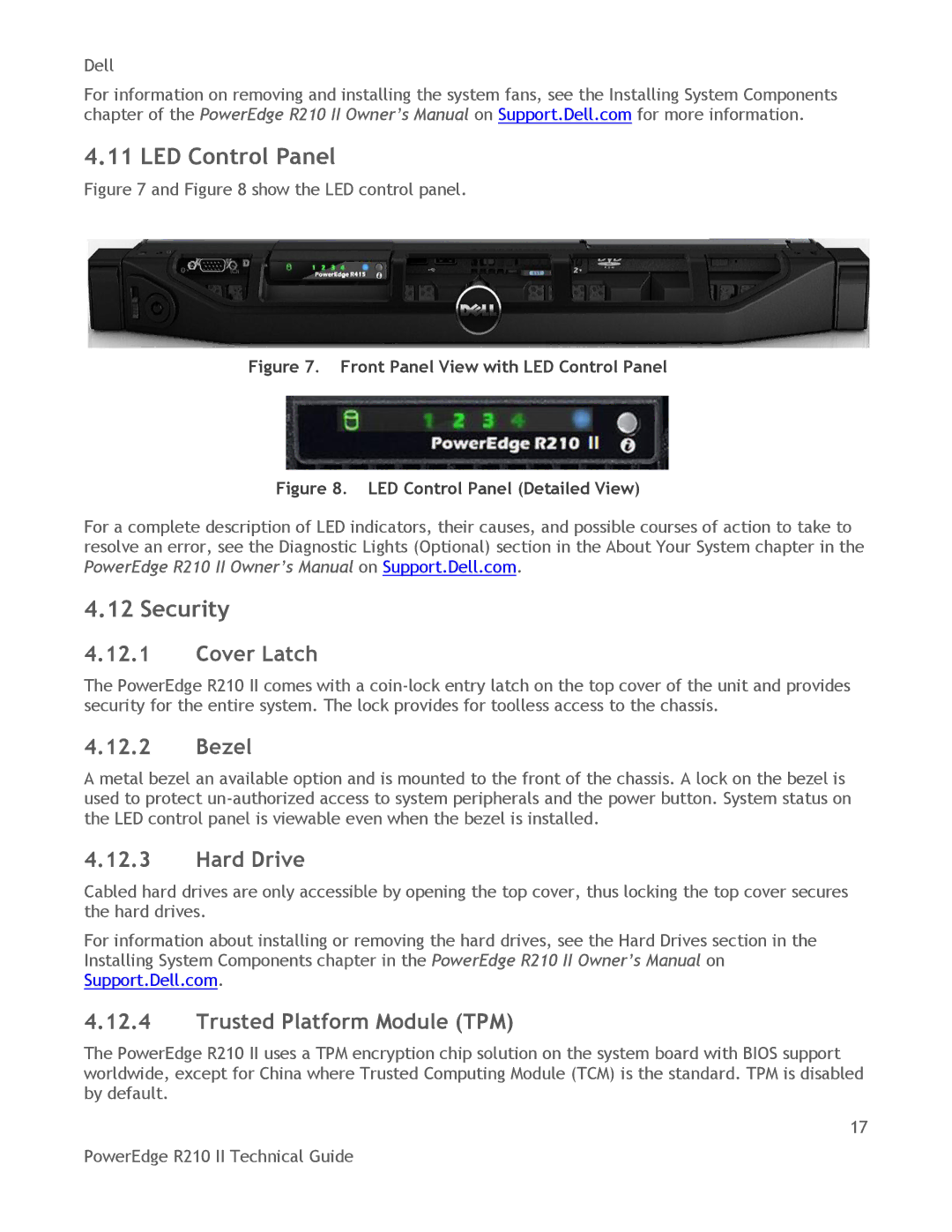 Dell R210 II manual LED Control Panel, Security 