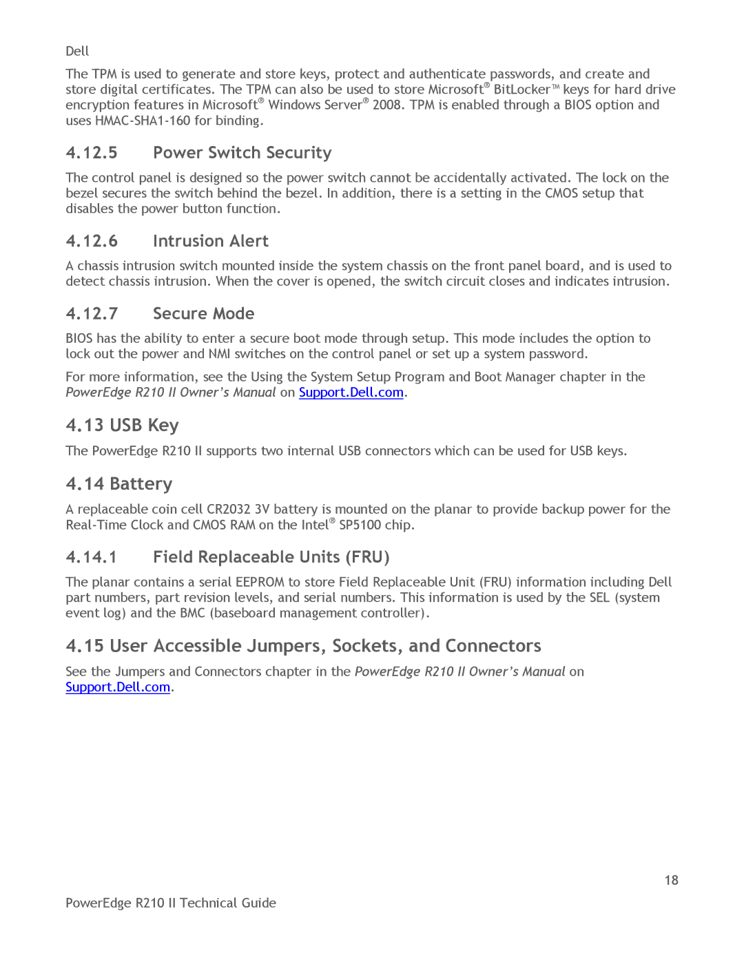 Dell R210 II manual USB Key, Battery, User Accessible Jumpers, Sockets, and Connectors 