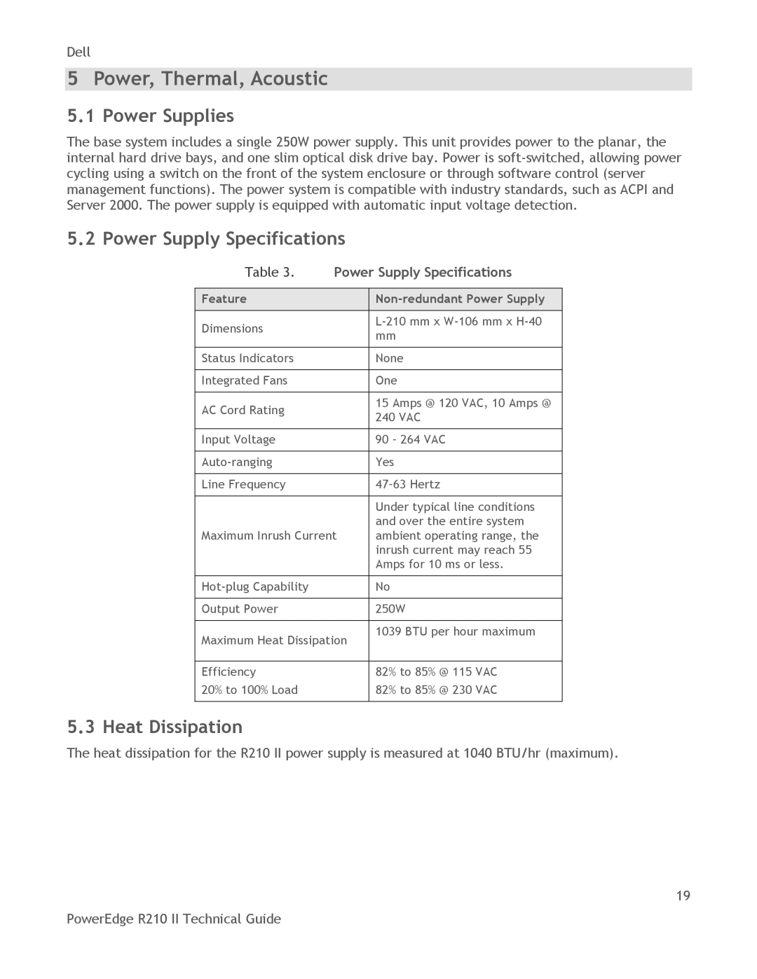 Dell R210 II manual Power, Thermal, Acoustic, Power Supplies, Power Supply Specifications, Heat Dissipation 