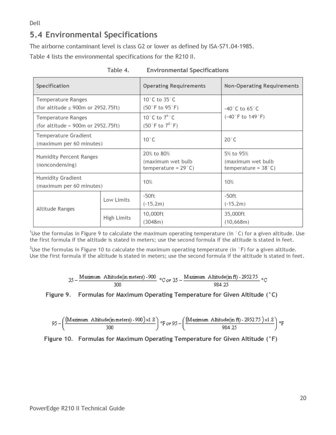 Dell R210 II manual Environmental Specifications 