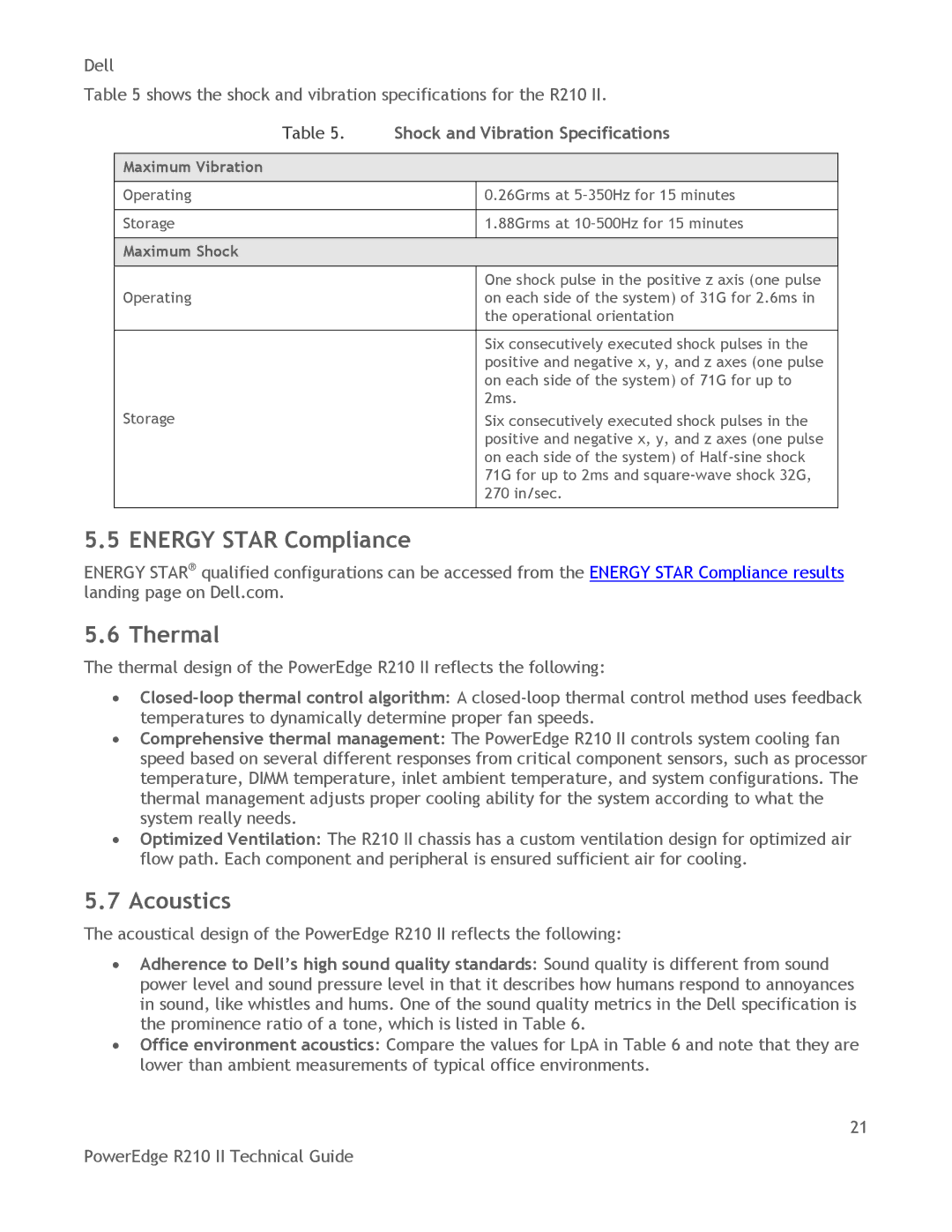 Dell R210 II manual Energy Star Compliance, Thermal, Acoustics, Shock and Vibration Specifications 