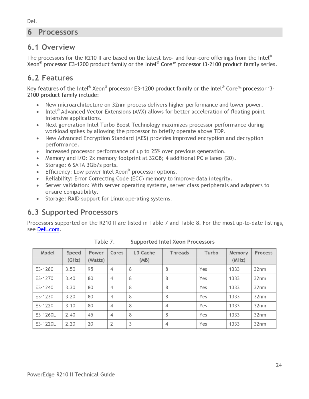 Dell R210 II manual Overview, Features, Supported Processors, Supported Intel Xeon Processors 