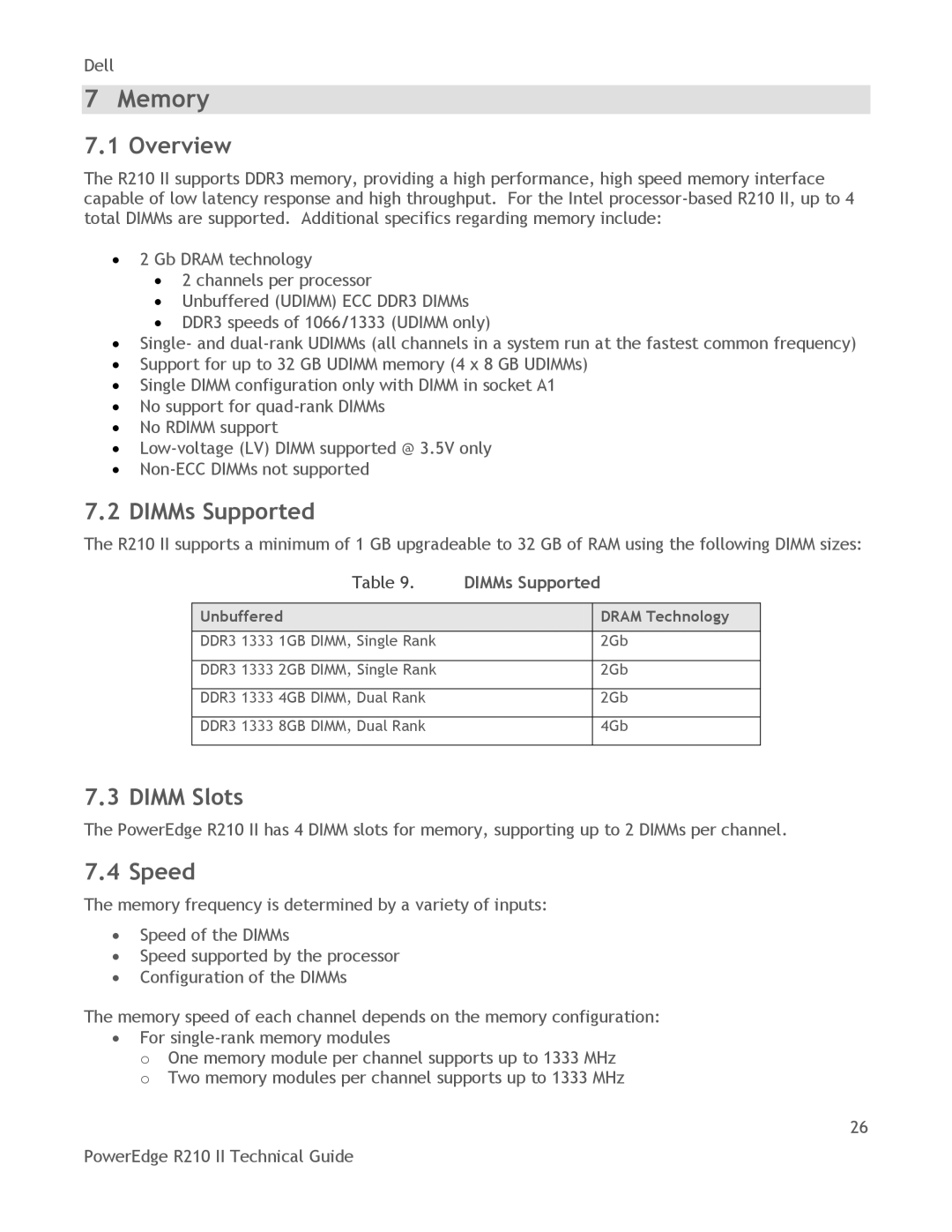 Dell R210 II manual Memory, DIMMs Supported, Dimm Slots, Speed 