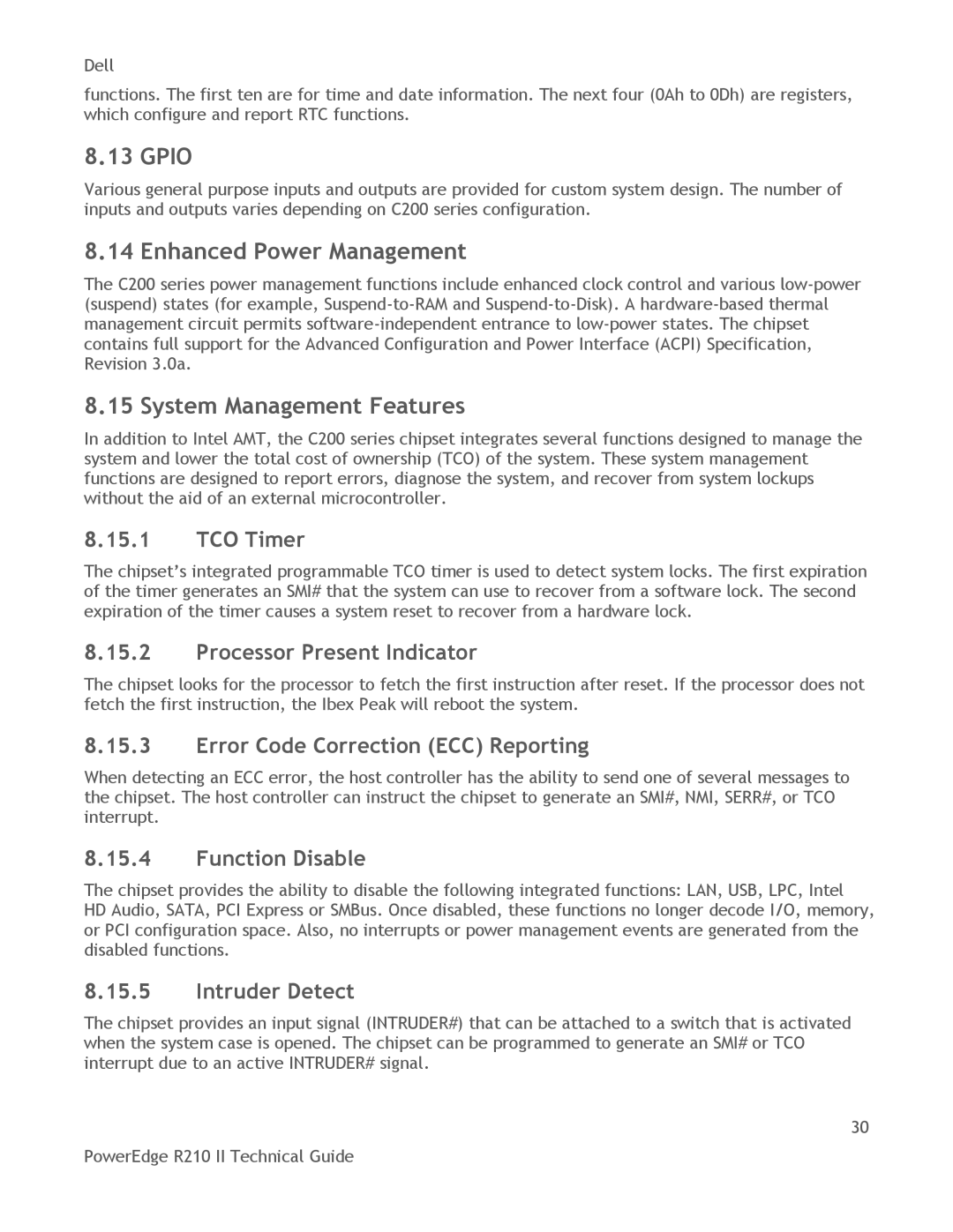 Dell R210 II manual Gpio, Enhanced Power Management, System Management Features 