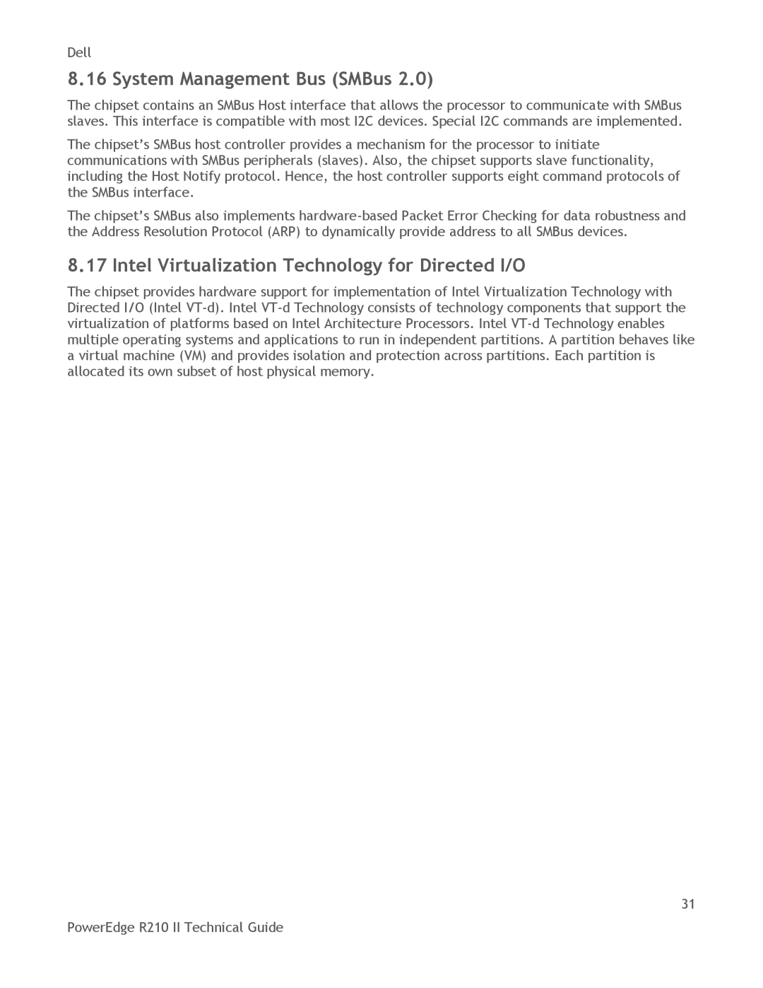 Dell R210 II manual System Management Bus SMBus, Intel Virtualization Technology for Directed I/O 