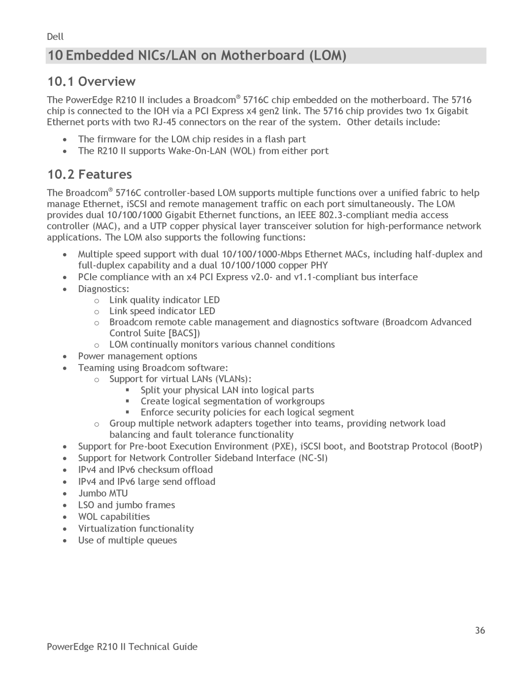 Dell R210 II manual Embedded NICs/LAN on Motherboard LOM, Overview 