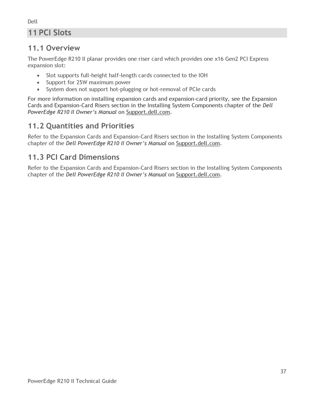 Dell R210 II manual PCI Slots, Quantities and Priorities PCI Card Dimensions 