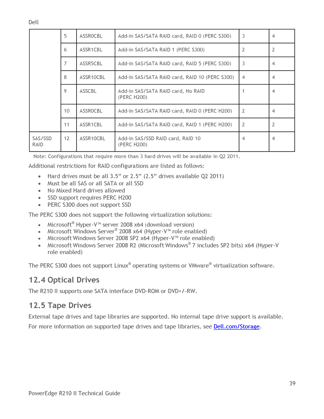 Dell R210 II manual Optical Drives, Tape Drives 