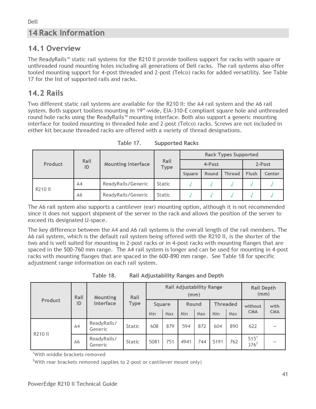 Dell R210 II manual Rack Information, Supported Racks, Rail Adjustability Ranges and Depth 