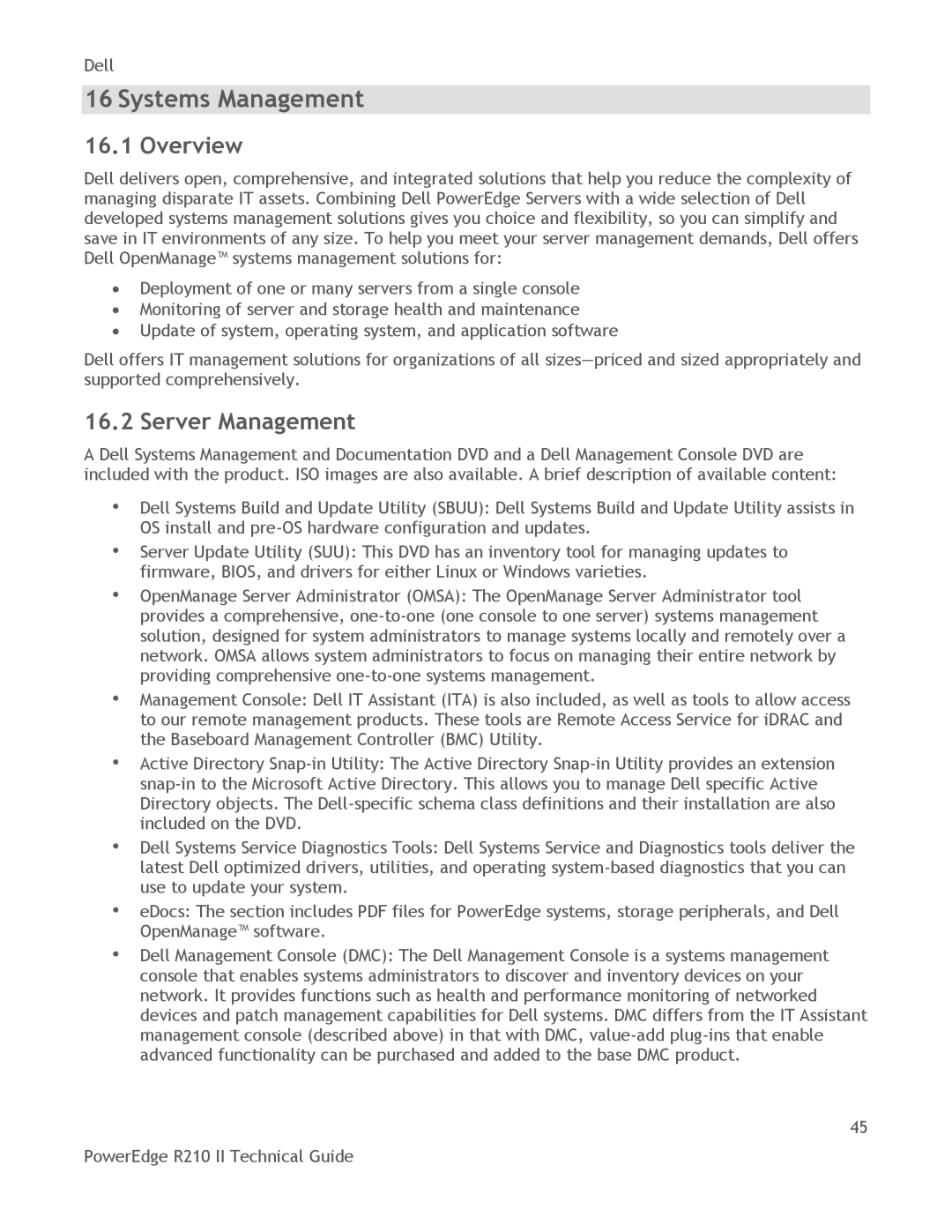 Dell R210 II manual Systems Management, Server Management 