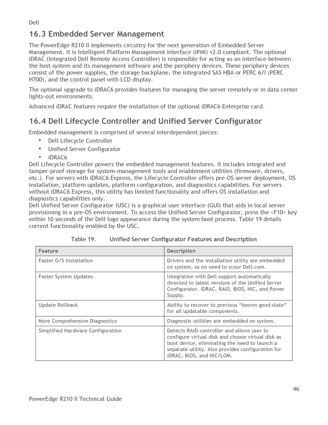 Dell R210 II Embedded Server Management, Dell Lifecycle Controller and Unified Server Configurator, Feature Description 