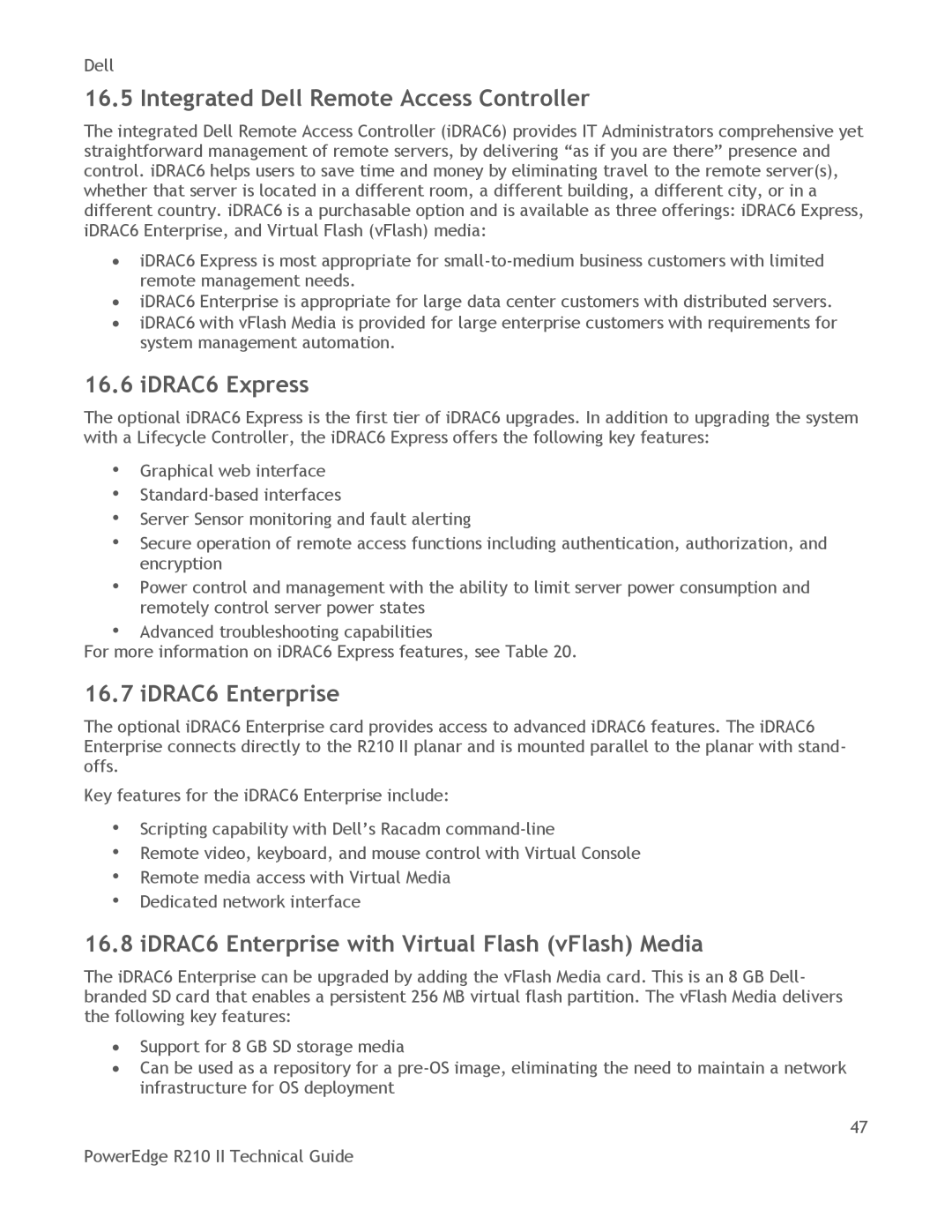 Dell R210 II manual Integrated Dell Remote Access Controller, IDRAC6 Express, IDRAC6 Enterprise 