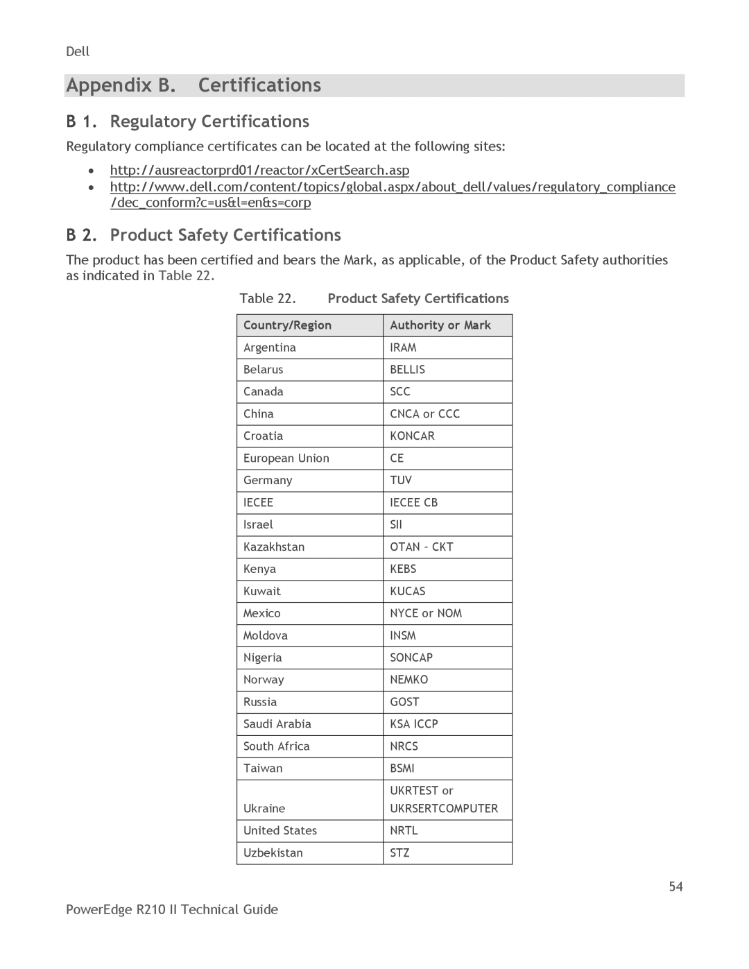 Dell R210 II manual Appendix B. Certifications, Regulatory Certifications, Product Safety Certifications 