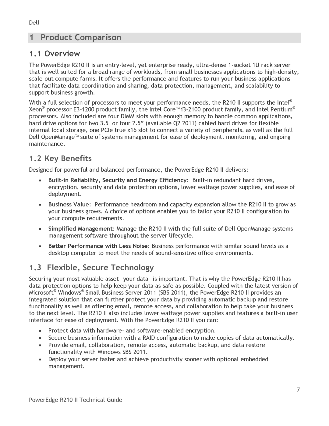 Dell R210 II manual Product Comparison, Key Benefits, Flexible, Secure Technology 