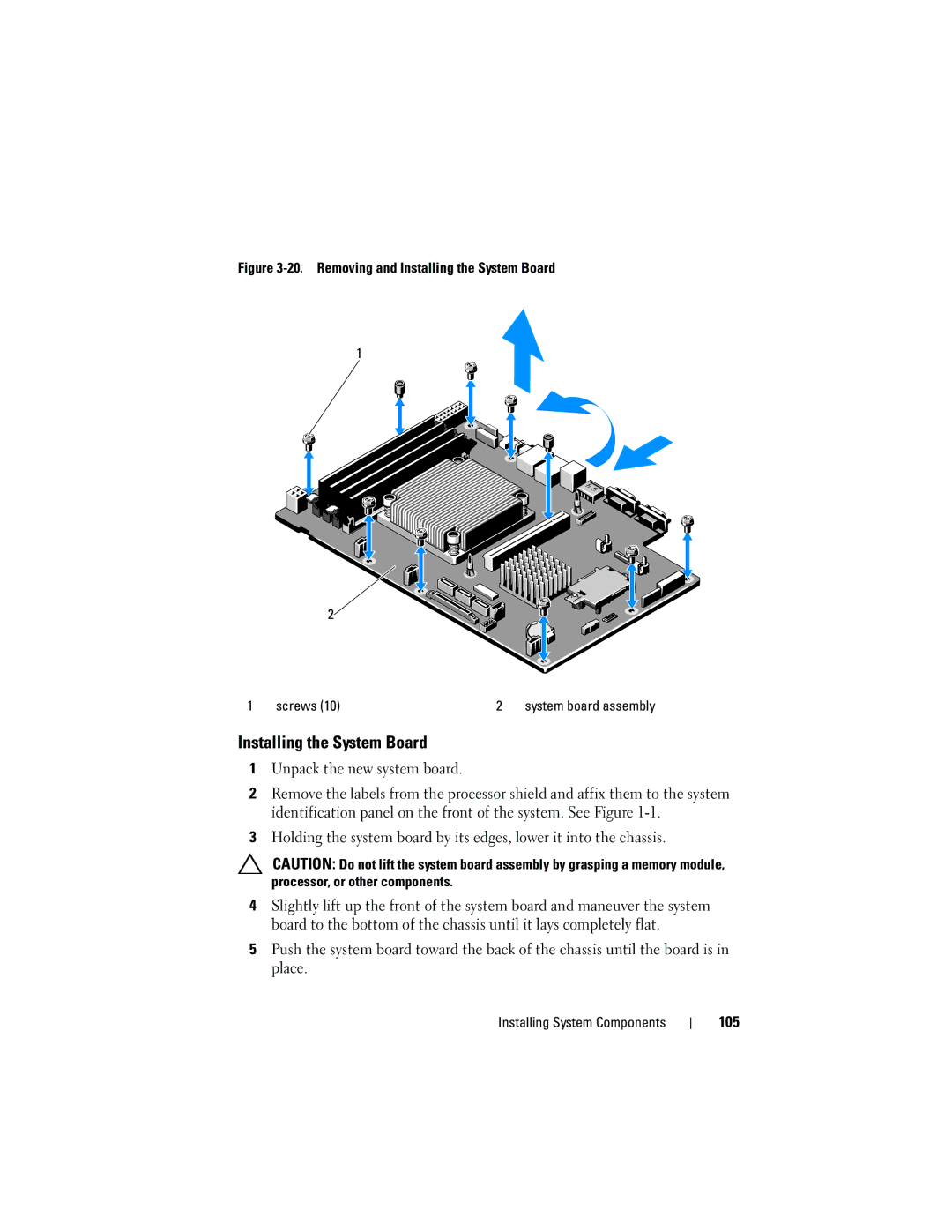 Dell R210 owner manual Installing the System Board, Unpack the new system board, 105 