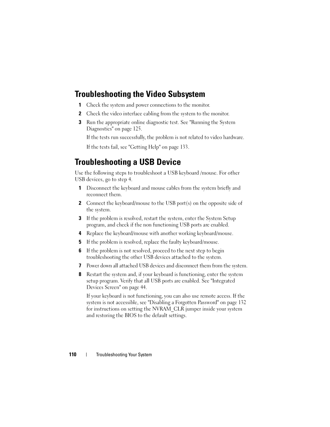 Dell R210 owner manual Troubleshooting the Video Subsystem, Troubleshooting a USB Device, 110 