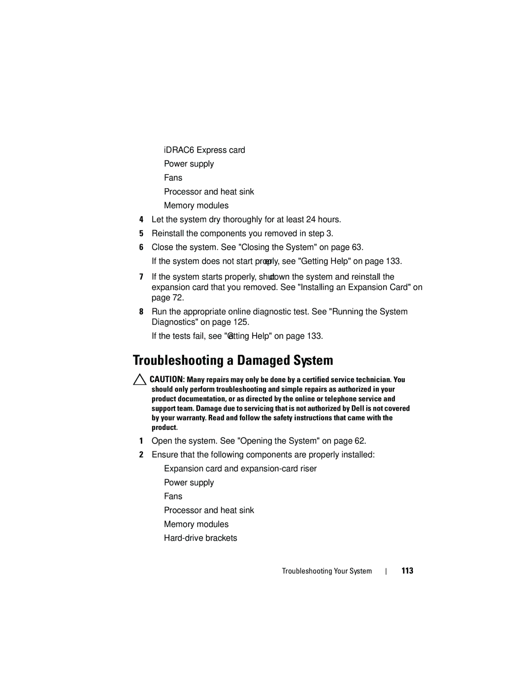 Dell R210 owner manual Troubleshooting a Damaged System, 113 