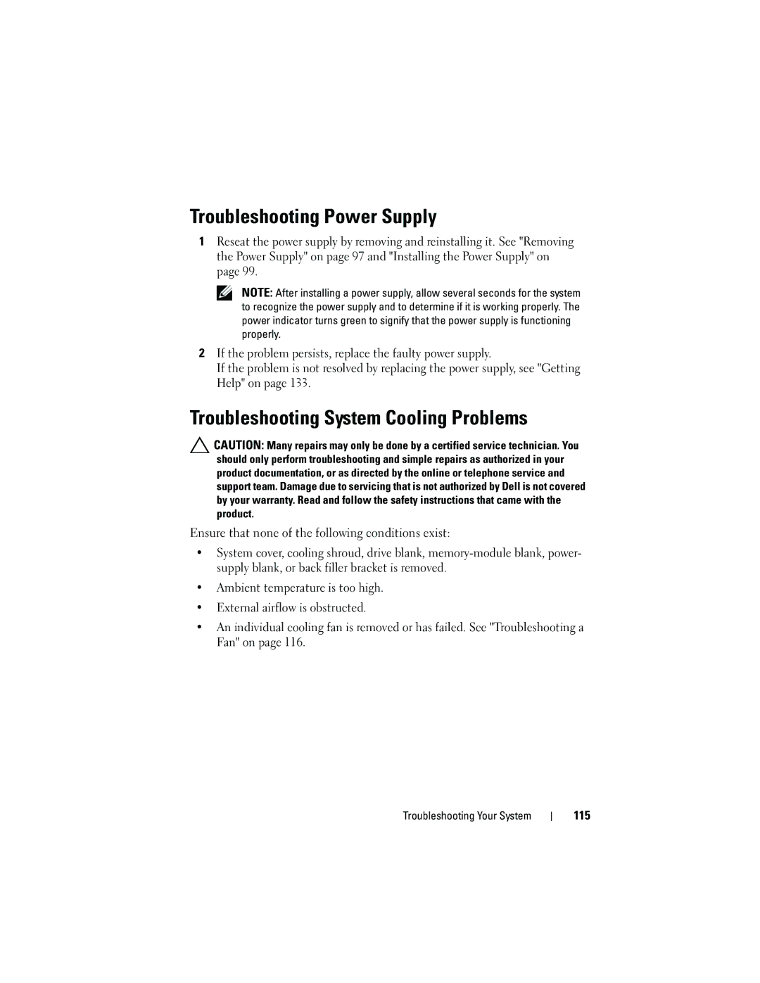 Dell R210 owner manual Troubleshooting Power Supply, Troubleshooting System Cooling Problems, 115 