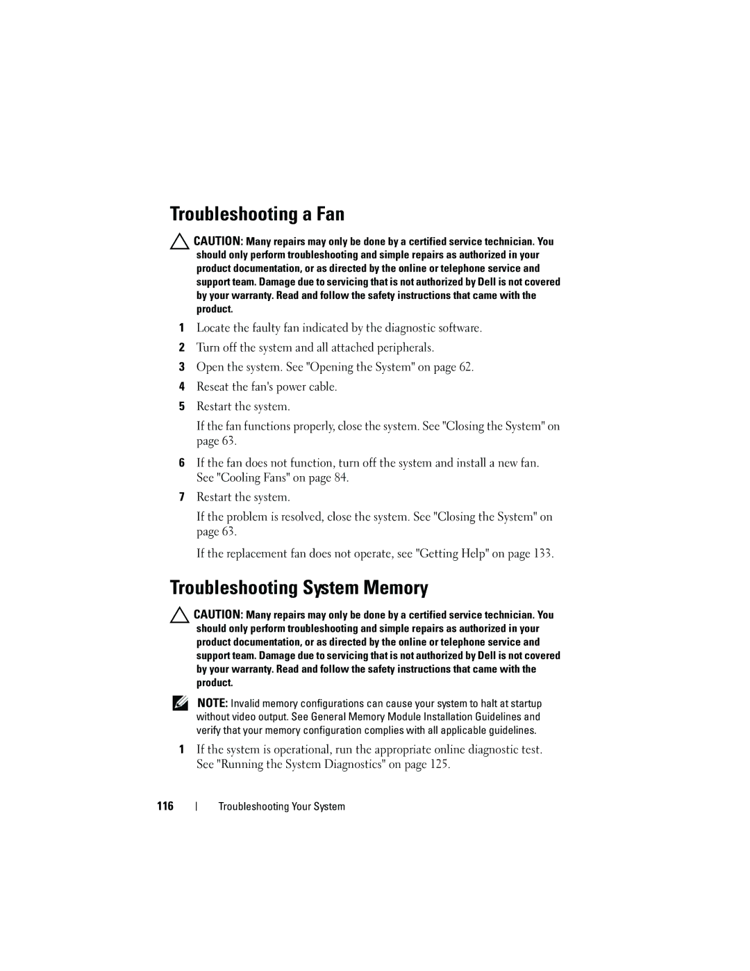 Dell R210 owner manual Troubleshooting a Fan, Troubleshooting System Memory 