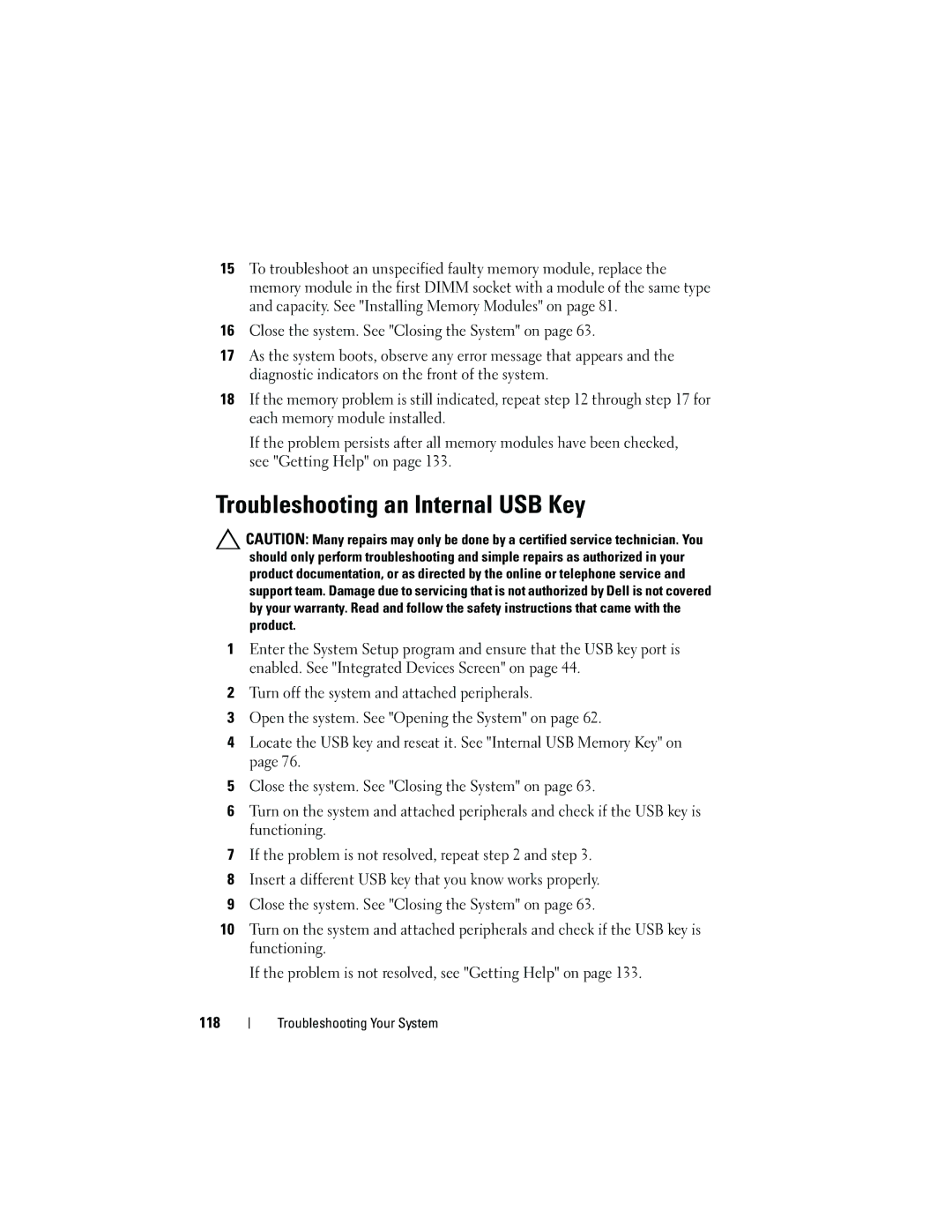 Dell R210 owner manual Troubleshooting an Internal USB Key 