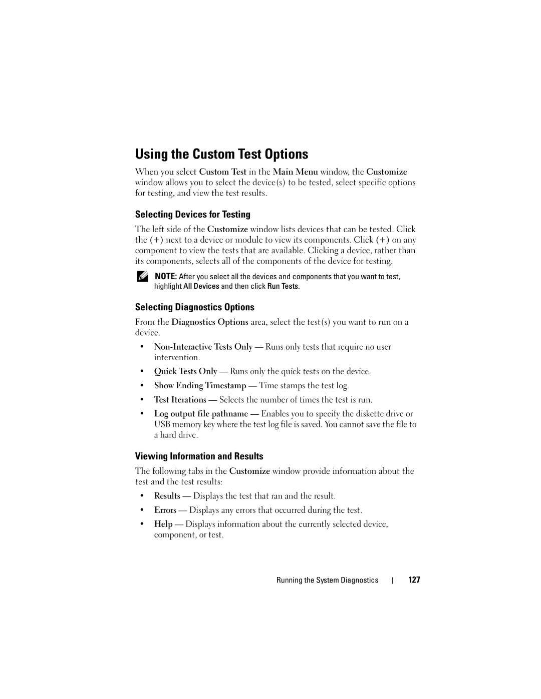 Dell R210 owner manual Using the Custom Test Options, Selecting Devices for Testing, Selecting Diagnostics Options, 127 