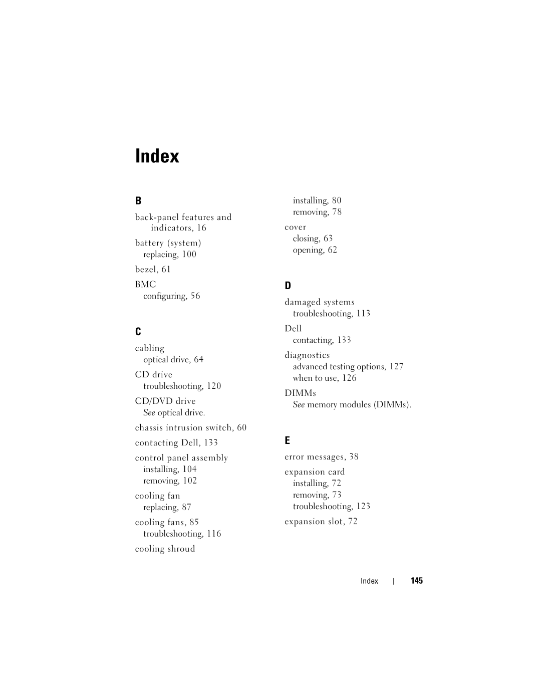 Dell R210 owner manual Index, 145 