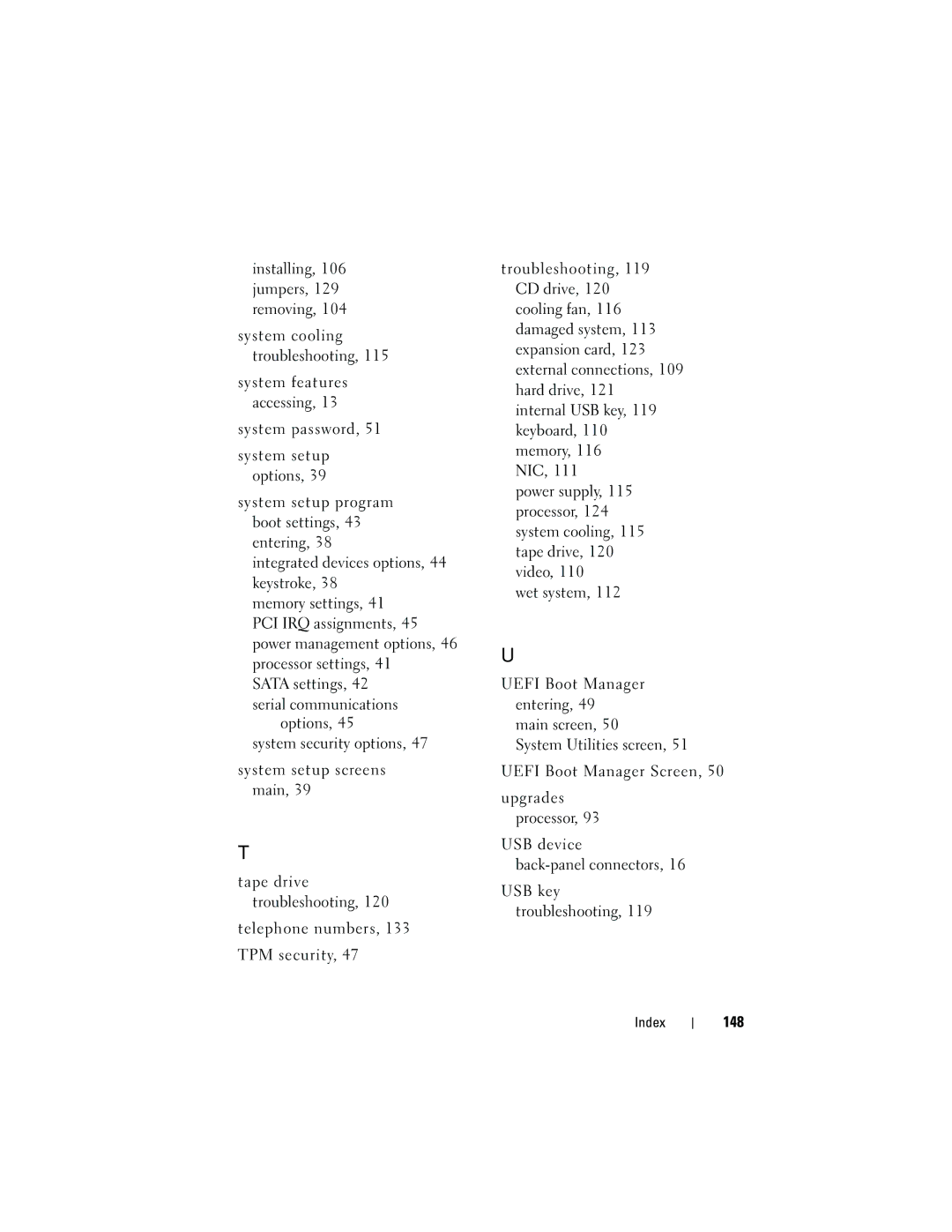 Dell R210 owner manual USB device Back-panel connectors USB key troubleshooting, 148 