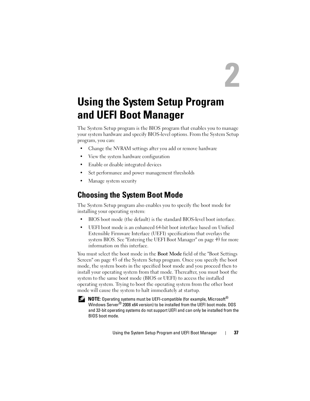 Dell R210 owner manual Using the System Setup Program and Uefi Boot Manager, Choosing the System Boot Mode 