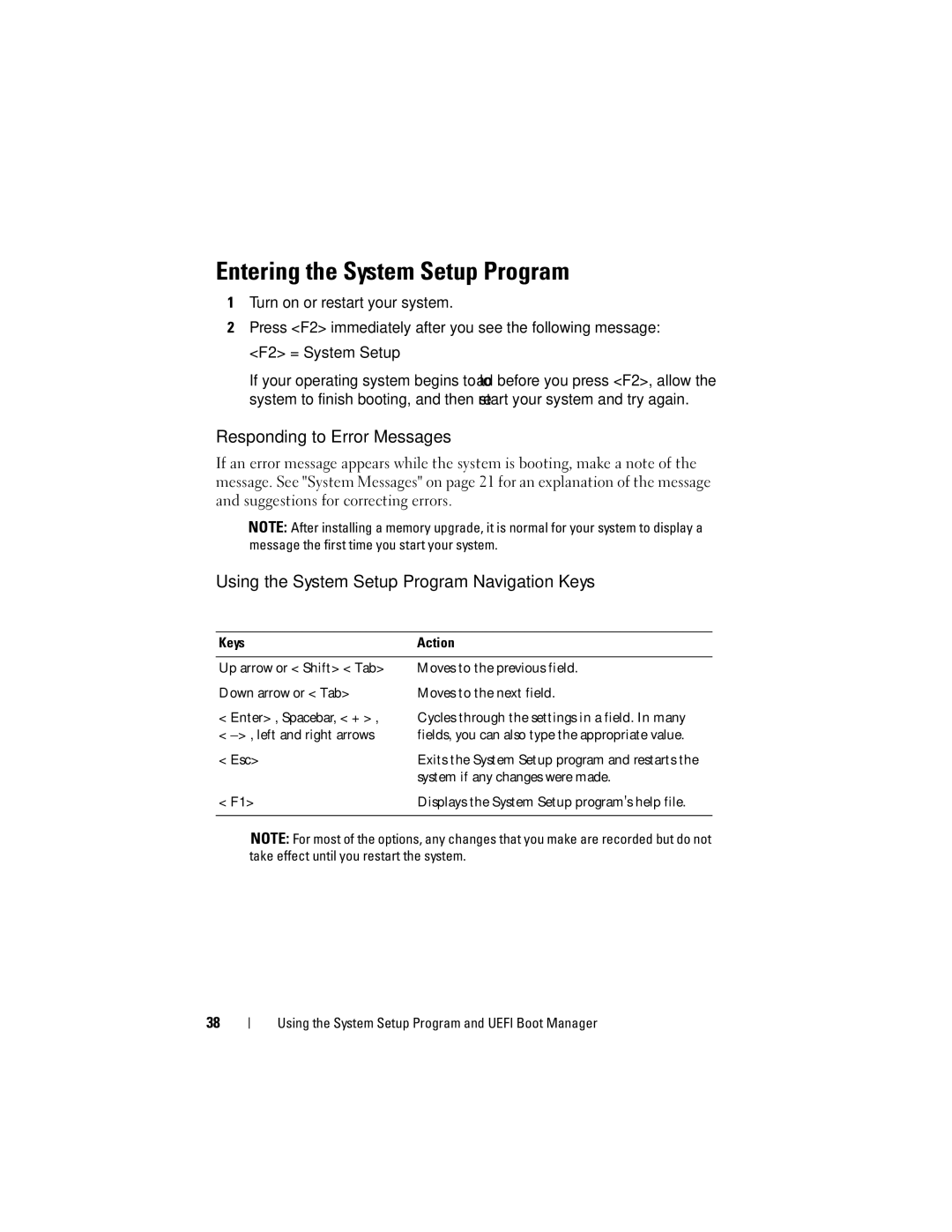 Dell R210 Entering the System Setup Program, Responding to Error Messages, Using the System Setup Program Navigation Keys 