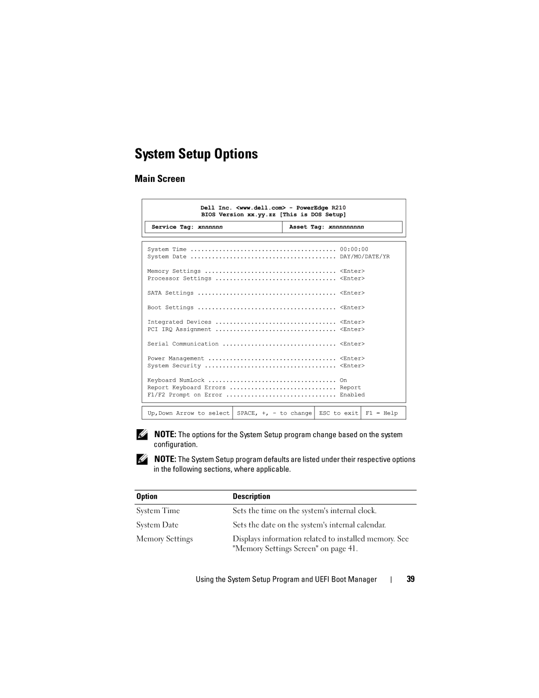 Dell R210 owner manual System Setup Options, Main Screen 