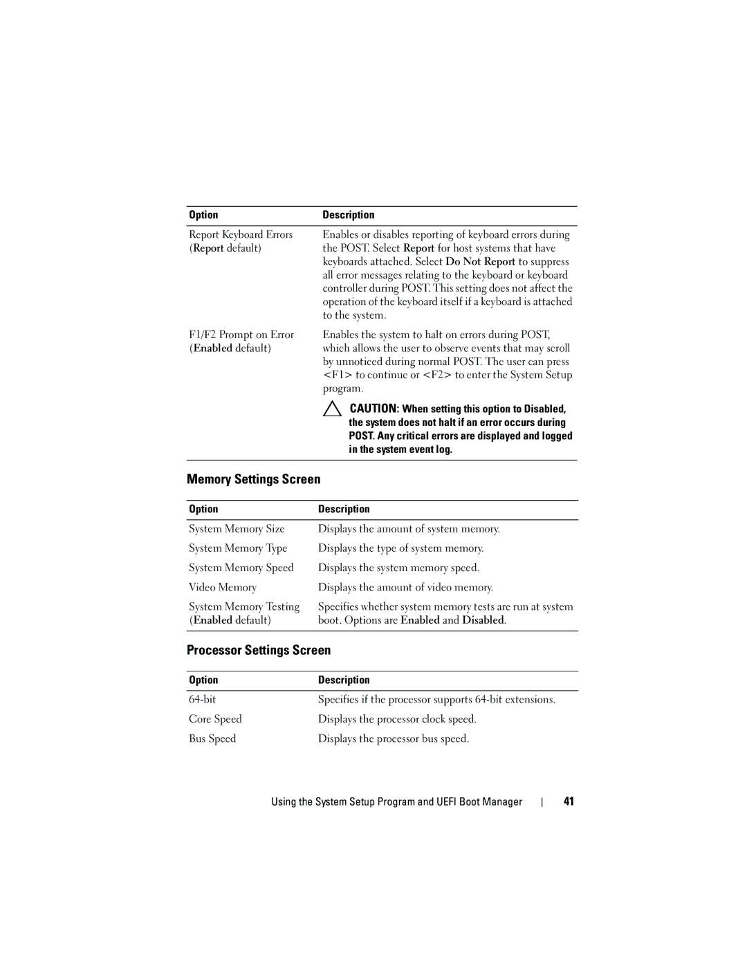 Dell R210 owner manual Memory Settings Screen, Processor Settings Screen 