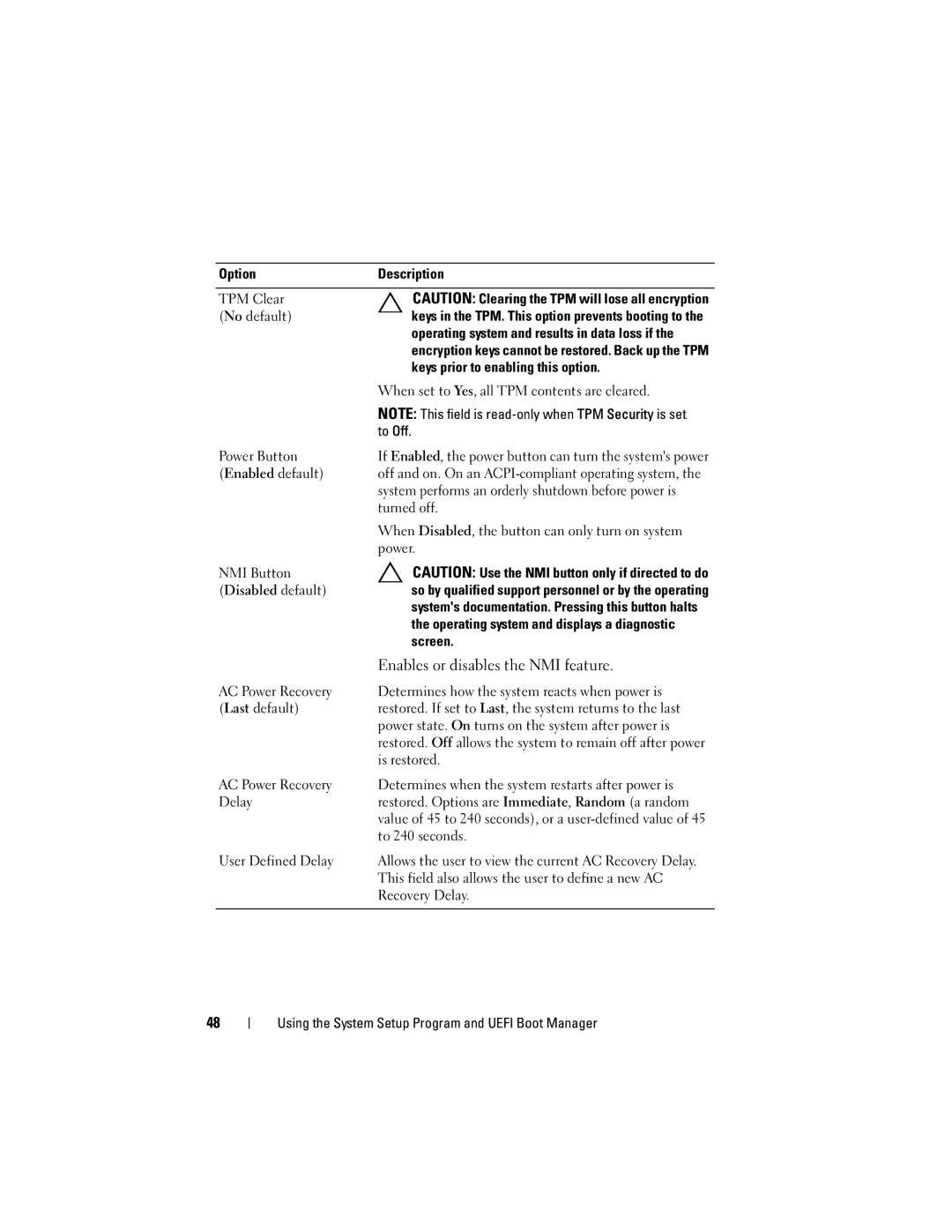 Dell R210 owner manual Enables or disables the NMI feature, NMI Button Disabled default 