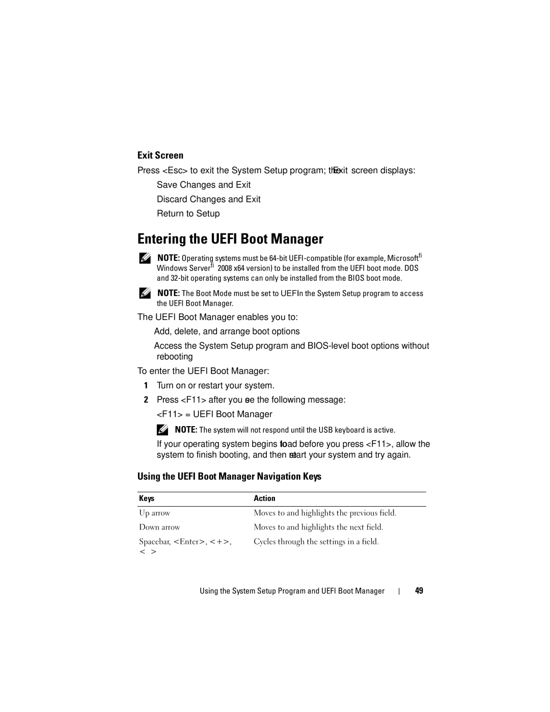 Dell R210 owner manual Entering the Uefi Boot Manager, Exit Screen, Using the Uefi Boot Manager Navigation Keys 