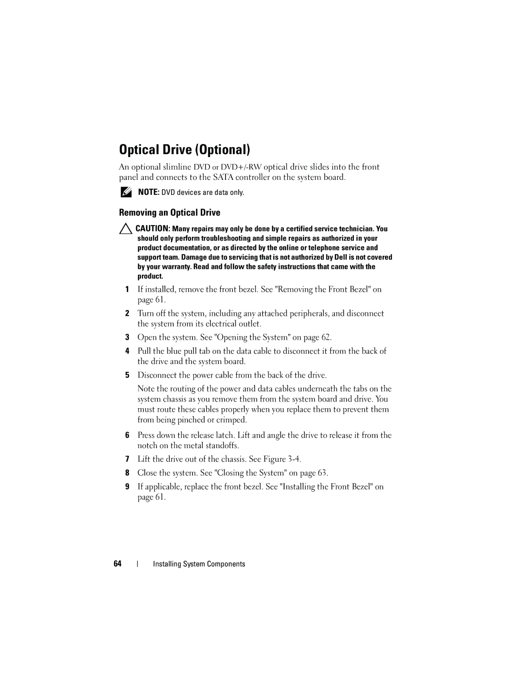 Dell R210 owner manual Optical Drive Optional, Removing an Optical Drive 