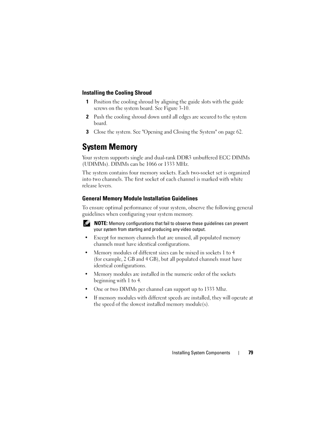 Dell R210 owner manual System Memory, Installing the Cooling Shroud, General Memory Module Installation Guidelines 