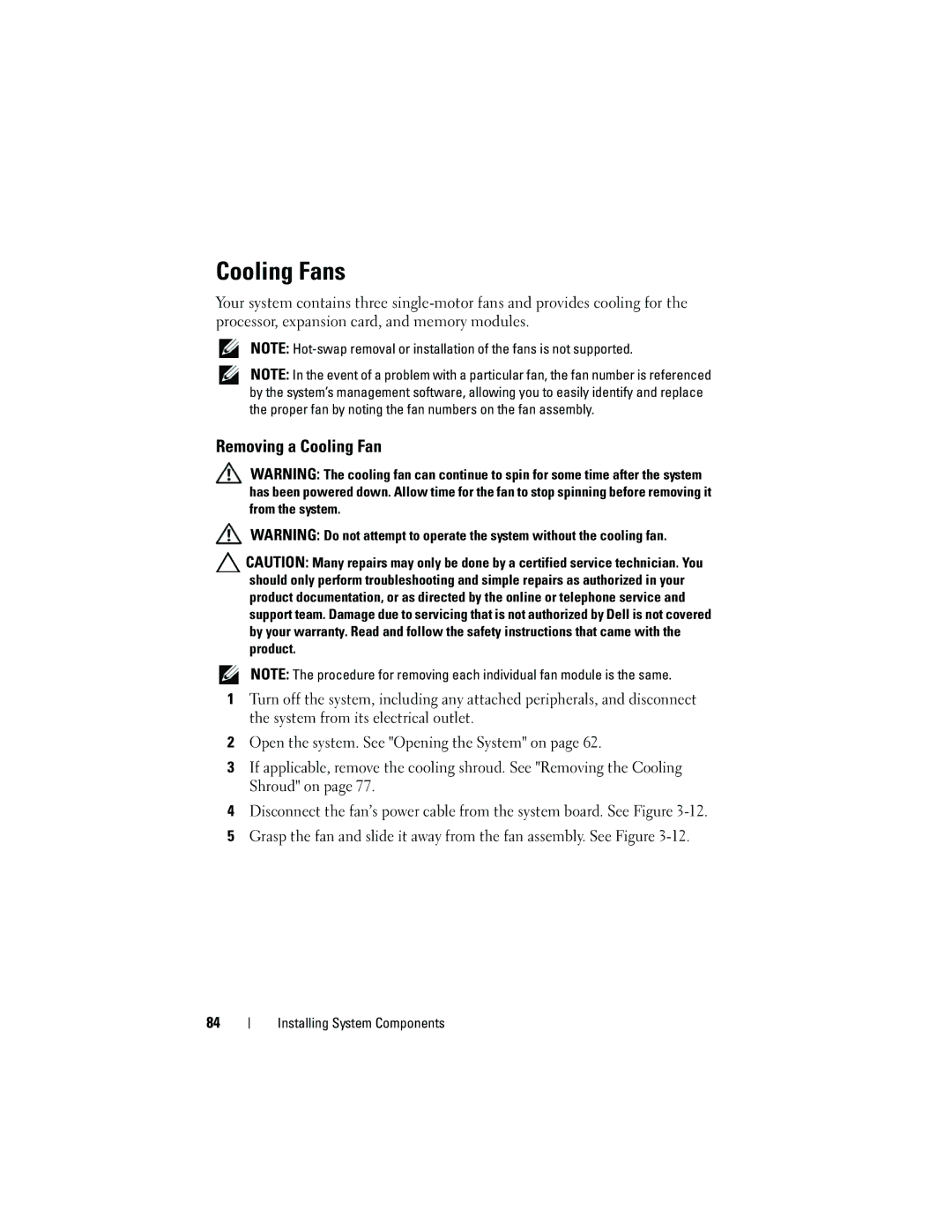 Dell R210 owner manual Cooling Fans, Removing a Cooling Fan 