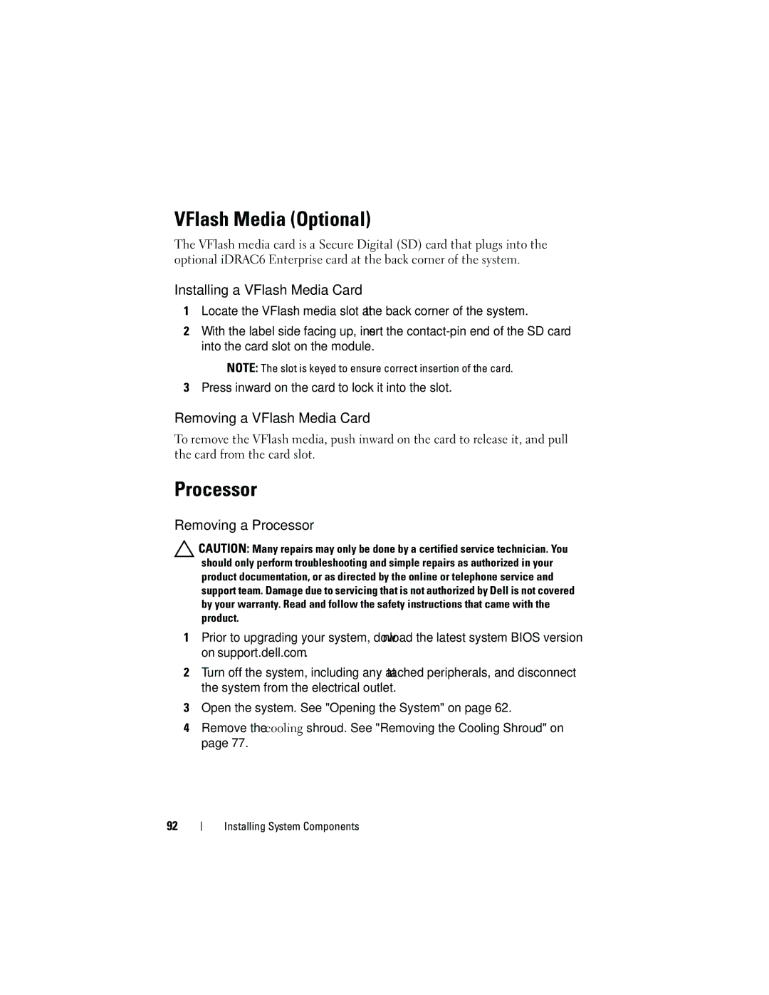 Dell R210 owner manual VFlash Media Optional, Processor, Installing a VFlash Media Card, Removing a VFlash Media Card 