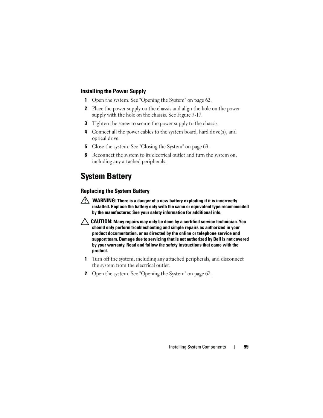 Dell R210 owner manual Installing the Power Supply, Replacing the System Battery 