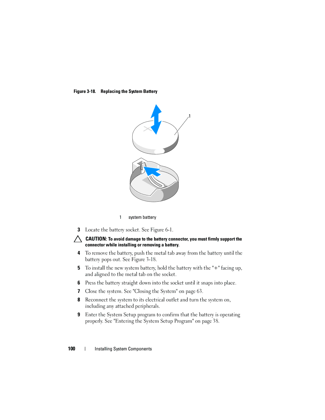 Dell R210 owner manual 100, Replacing the System Battery System battery 