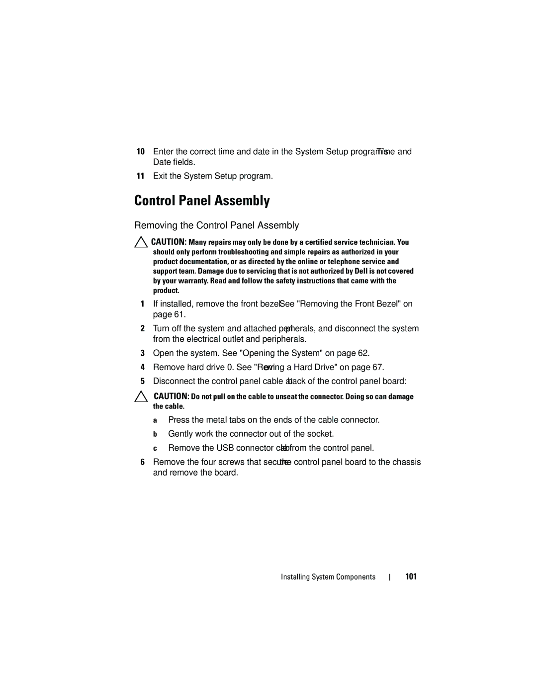 Dell R210 owner manual Removing the Control Panel Assembly, 101 