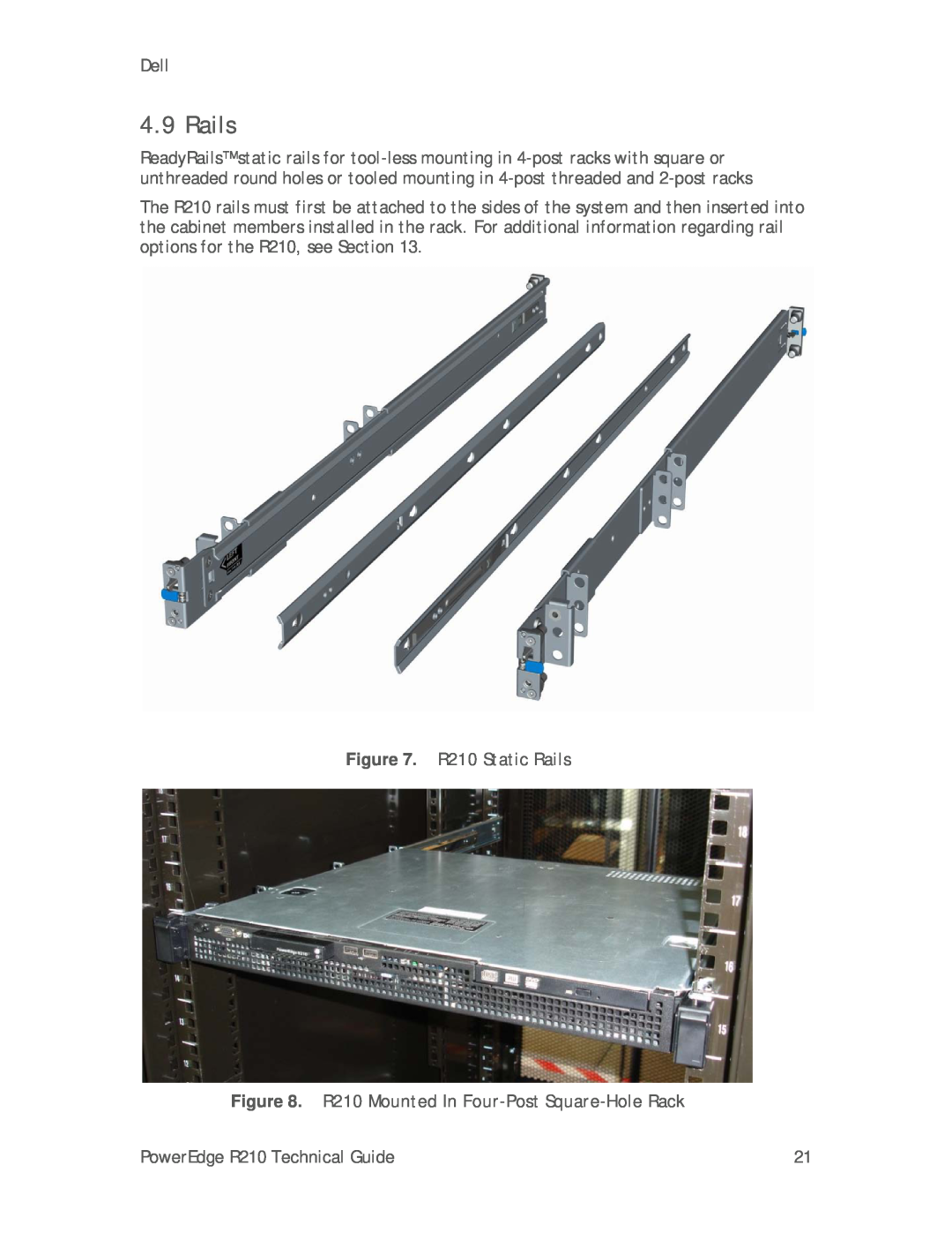Dell manual R210 Static Rails, R210 Mounted In Four-Post Square-Hole Rack 