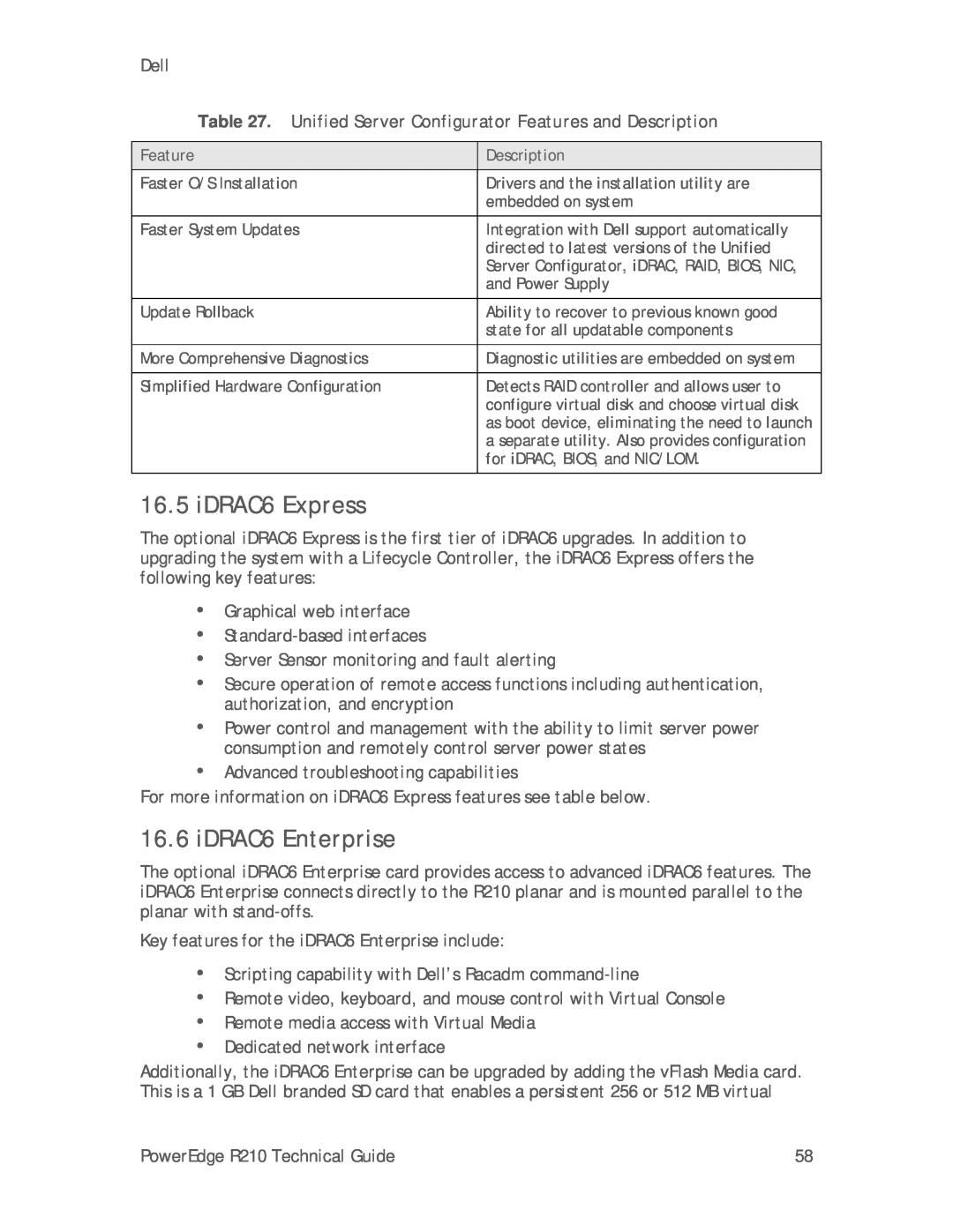 Dell R210 manual iDRAC6 Express, iDRAC6 Enterprise, Unified Server Configurator Features and Description 